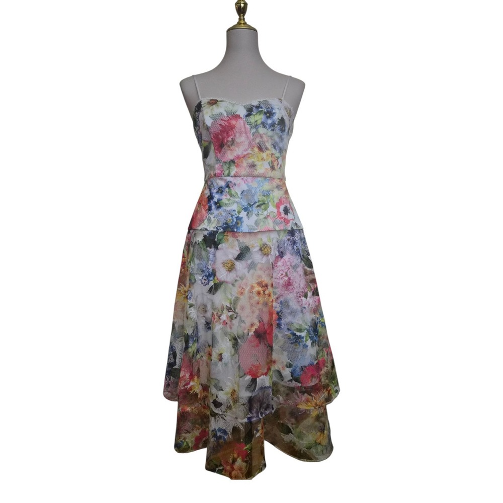 ADRIANNA PAPELL Tiered Printed Embroidered Floral Midi Dress Size 2 NWT wedding